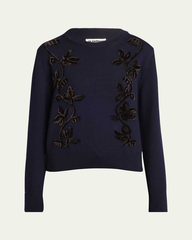 Velvet Floral Embroidered Merino Crewneck Sweater